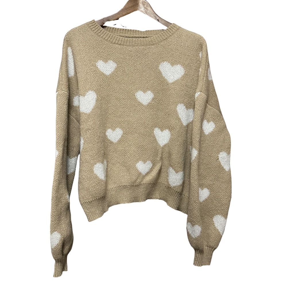 Womens Cozy Heart Print Knit Sweater Tan White Long Sleeve Crew Neck size med
